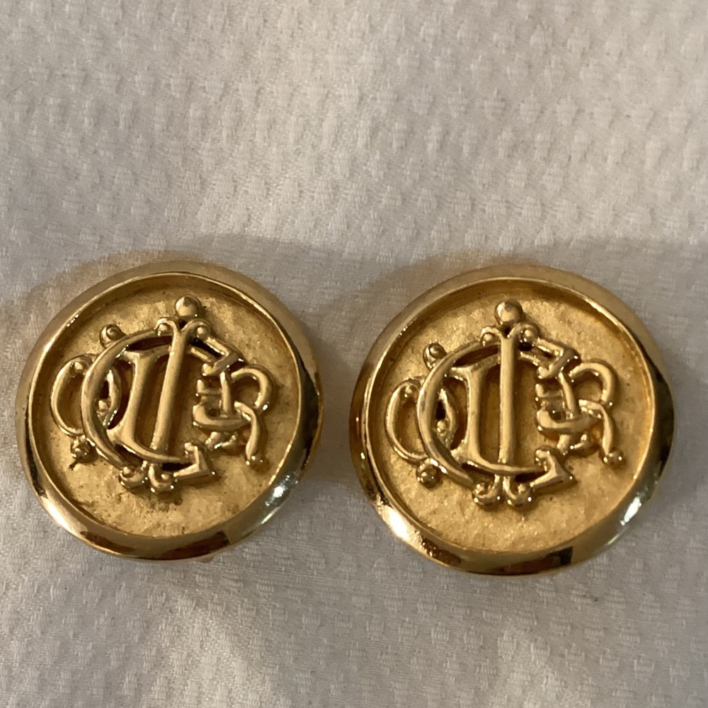 Christian Dior Vintage Monogram Crest Logo Chunky Gold Tone Clip-On Earrings